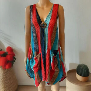 Rima Colorful Summer Flowy Mini Sleeveless V-neck Swing Dress Sz L-XL Largenlook
